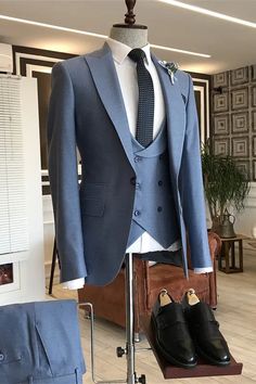 Carl Bespoke Dusty Blue Peaked Lapel Three Pieces Men Suits For Business 3 Piece Suit Men Wedding, Classroom Wall Decoration Ideas, Wedding Suits Men Blue, Blue Mens Suit, Peak Lapel Suit, Suit For Men Wedding, Best Wedding Suits, Stylish Mens Suits, Men's Business Outfits