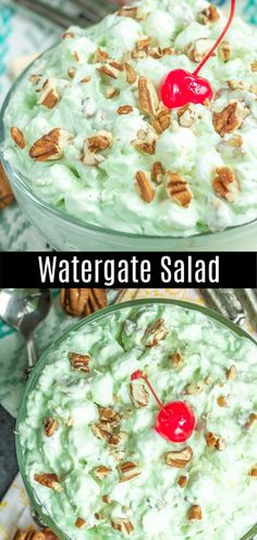 two bowls filled with green pudding and topped with pecans