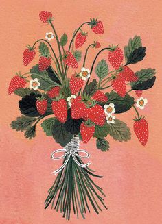 a painting of strawberries and daisies in a vase on a pink background with white flowers