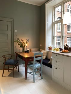 a kitchen with a table and chairs next to a window