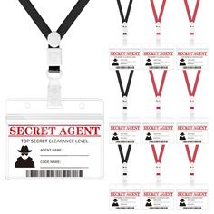 the secret agent id badge is attached to a lanyard with black and red stripes