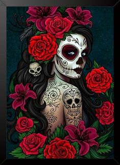 a woman with flowers in her hair and sugar skulls on her face is surrounded by roses