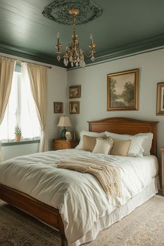 Unique bedroom featuring an emerald green ceiling with gold accents, creating a sense of height and grandeur. Traditional Chic Bedroom, Green Accent Room Ideas Bedroom, Dreamy Vintage Bedroom, Green And Gold Room Ideas, Bedroom Ideas Velvet Bed, Elvish Bedroom Ideas, Greek Decor Bedroom, Green Trim Bedroom, Whimsical Master Bed