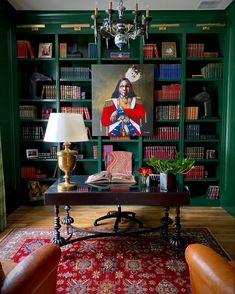 a living room filled with furniture and bookshelves covered in lots of green paint