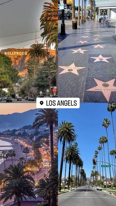 the hollywood walk of fame is shown with palm trees and mountains in the back ground