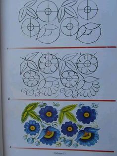 four different types of embroidery designs on a white sheet with blue flowers and green leaves