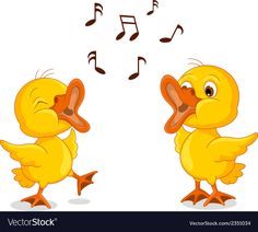 two yellow ducks singing with musical notes