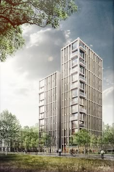 an artist's rendering of a tall building with trees in the foreground