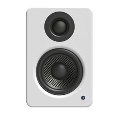 a white speaker with black speakers on the front and side of it's head