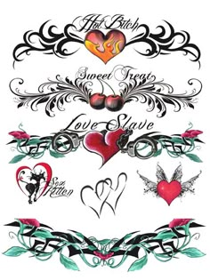 an assortment of tattoos with hearts and flowers on the upper half of each tattoo design