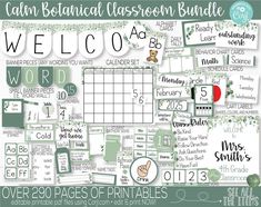 the printable classroom calendar for children with green and white lettering, including baby's first