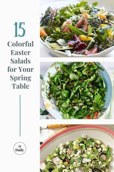 four different salads with the title 15 colorful salads for your spring table