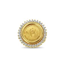 Coin Information  Gold Content: 1/20OZ Purity: Fine Gold .999 Denomination: 5 Yuan Country: China Year: 2015 Obverse: Panda Eating Bamboo Leaves Reverse:Temple of Heaven structure  Ring Information  Main Stone: Diamond Approx. Diamond Carat Weight: .66cttw Diamond Clarity: SI1 Diamond Color: G/H Setting Material: 14k Yellow Gold Stone Cut: Round Size: 8.  Gender: female.  Age Group: adult. Panda Eating Bamboo, Panda Eating, Heart Promise Rings, Asian Jewelry, Bamboo Leaves, Gold Chains For Men, Diamond Solitaire Necklace, Gold Signet Ring, Ring With Diamond