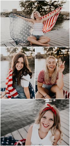 three photos of two women sitting on the dock