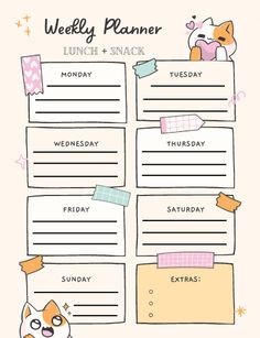 a weekly planner with an image of a cat and dog on the page, which is filled