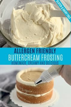 a person is frosting a cake with white frosting on it and the words, allergen friendly buttercream frosting homemade cream and delicious