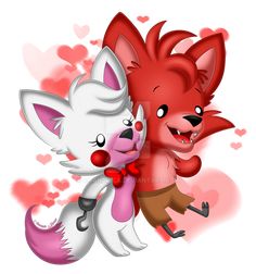 two cartoon animals hugging each other with hearts in the background