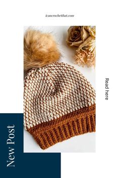 Knitted winter hat with a faux fur pom-pom displayed next to dried flowers. Thoughtful Handmade Gifts, Start Crocheting, Handmade Gifts For Friends