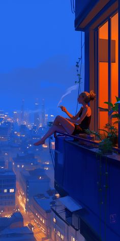 a woman sitting on top of a window sill next to a city skyline at night