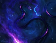 two blue and purple snakes in the middle of space