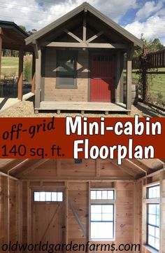 two pictures with the words mini cabin floor plan on them and an image of a small house