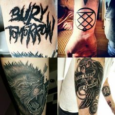 four different tattoos on the arms and legs, one with an animal head in it