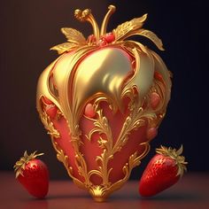 a golden apple and three strawberries on a red surface with a black back ground