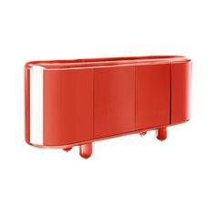 an orange cabinet with three doors on the side and two legs that are attached to it