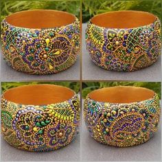 four different pictures of a bowl made out of beads