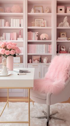 a white desk topped with a pink chair next to a book shelf filled with books