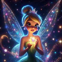 tinkerbell holding a flower in her hands with stars around her and the sky behind her