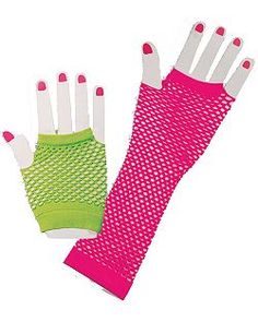 two pairs of pink and green gloves with white fingertipss on each hand, one in the