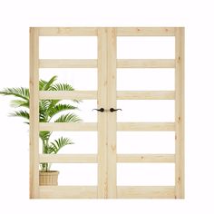 a potted plant sitting on top of a wooden shelf next to two doors that are open