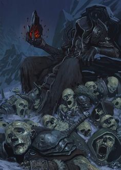 a man sitting on top of a pile of skulls next to a bunch of heads