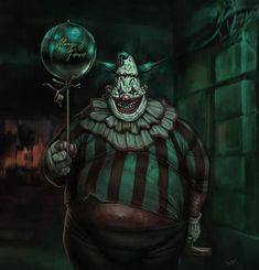 a creepy clown holding a balloon in his hand