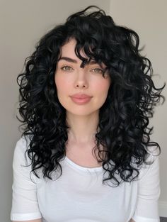 Flawless Curly Hairstyles for Stylish Girls Cool Tone Curly Hair, Curly Hair Widows Peak Women, Dark Brown Hair Chestnut, Dyed Black Curly Hair, Curl Haircuts For Women, Jet Black Hair Curly, Curly Jet Black Hair, Black Curly Hair With Bangs, Haïr Cut Wavy Hair