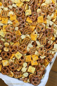 the cheesy snack mix is ready to be eaten