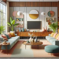 the living room is decorated in pastel colors and modern furniture, including two sofas