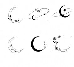 the moon, stars and crescents are drawn in black ink on a white background