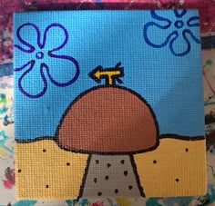 an acrylic painting of a mushroom on a blue and yellow background with flowers