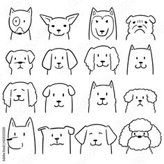 a set of nine dogs with different facial expressions, hand drawn in black and white