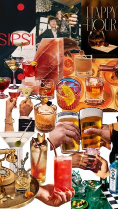 a collage of different types of drinks and liquors with happy hour written on the side