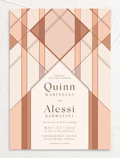 a wedding card with an abstract geometric design in peach and beige colors, on a white background