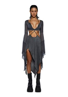 Darker Wavs Asymmetrical Mesh Wrap Midi Dress - Washed Black – Dolls Kill Ideas For Boutique, Bell Sleeve Outfit, Mesh Clothes, Modern Dans, Distressed Dress, Rave Dress, Alternative Dress, Rave Fits, Boutique Logo Design