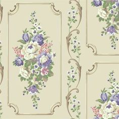 an ornate wallpaper with flowers and leaves on the border, in pastel colors