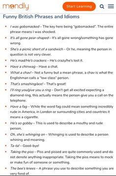 an orange and black text description on a white background with the words funny british phrases and idioms