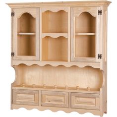 a white china cabinet with glass doors and drawers on the bottom, in front of a white background