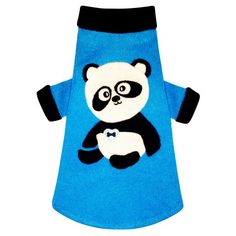 a blue dog sweater with a panda bear on it's chest and black trim