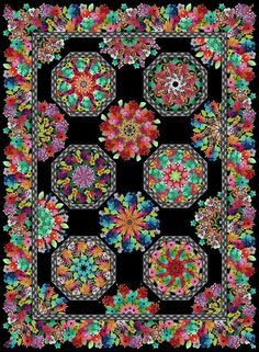 a black background with colorful flowers and circles in the shape of an intricate design on it