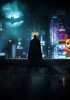 the dark knight stands in front of a cityscape with neon lights at night